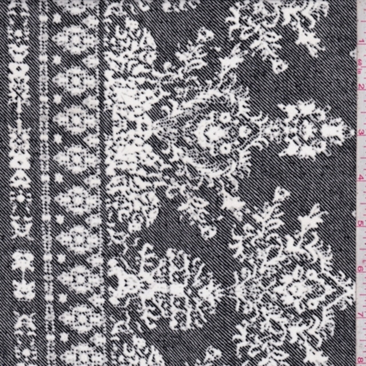 Black/White Medallion Border Crepe De Chine Fabric By the Yard